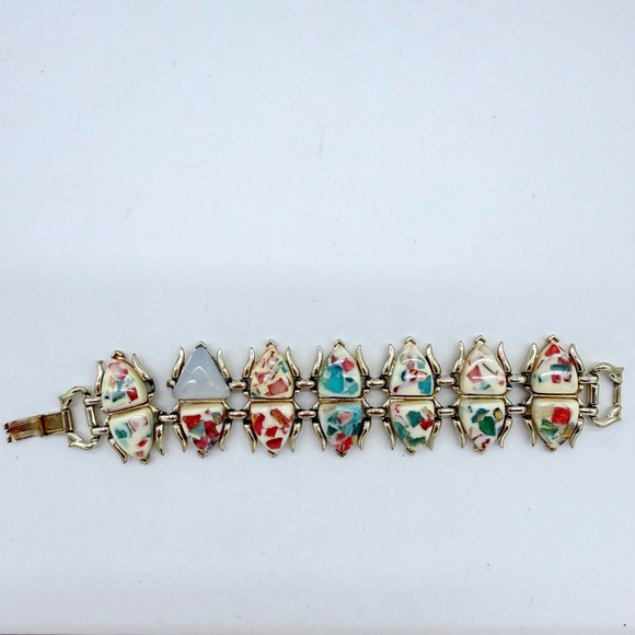 Vintage Bracelet Coro Confetti Terrazzo Lucite Panel Signed - Picture 2 of 7